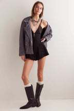 Plunge neck denim romper, detail view 14