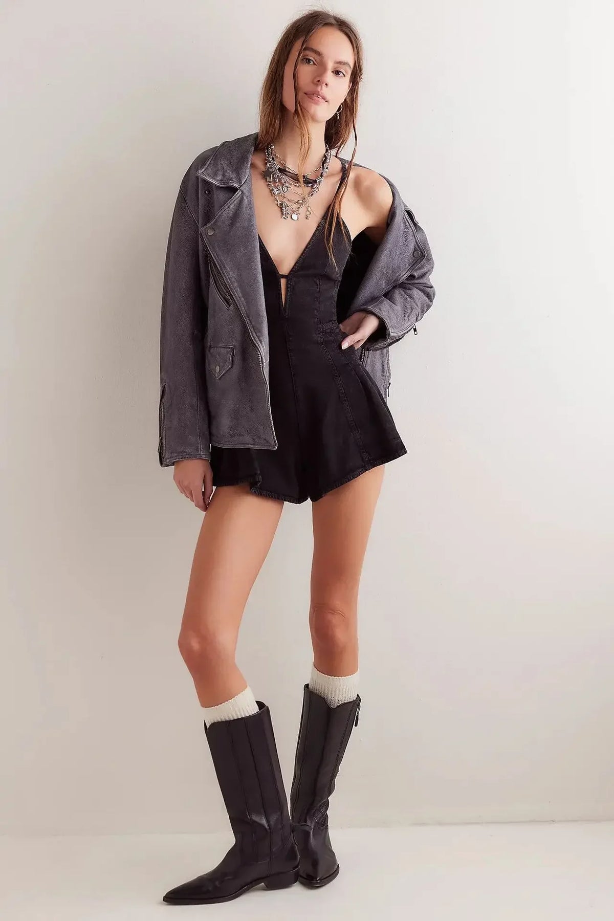 Plunge neck denim romper, detail view 14