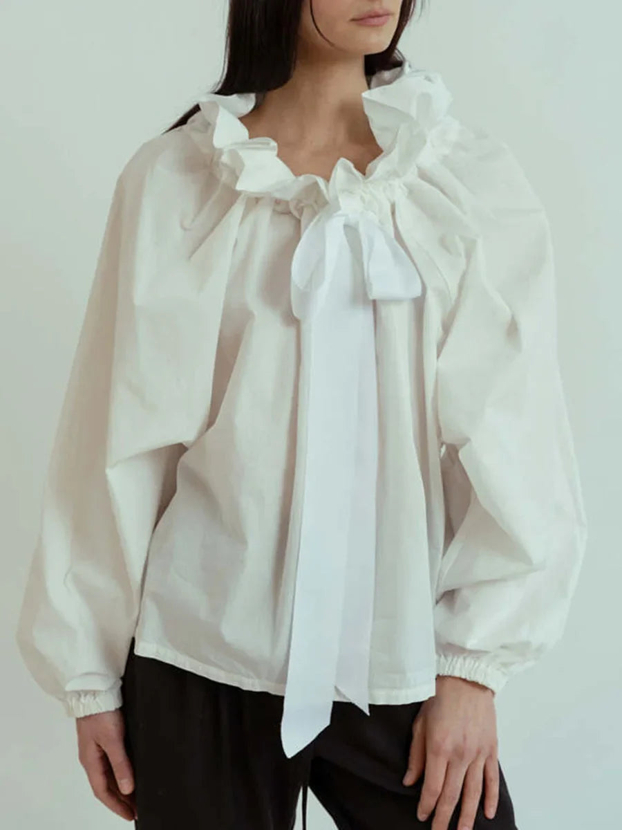 Ruffle collar bow tie blouse, detail view 12