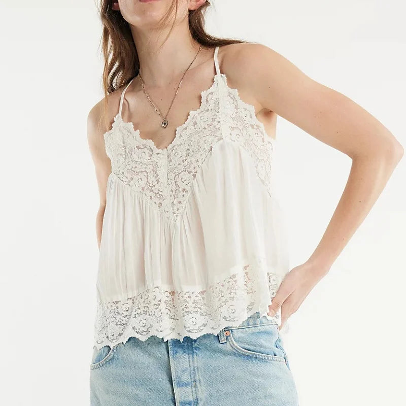 Sheer lace-trim cotton cami, detail view 10