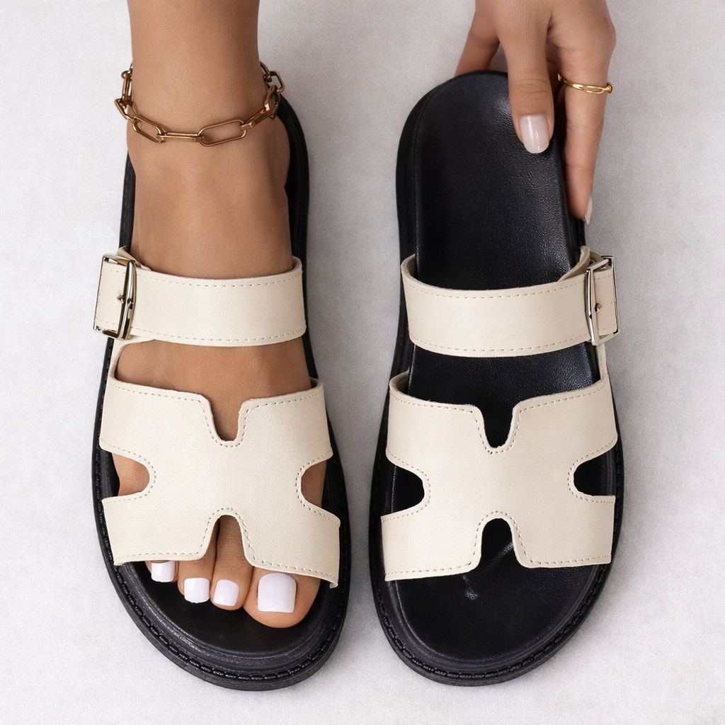 Cushioned platform walking sandals in Black, view from above