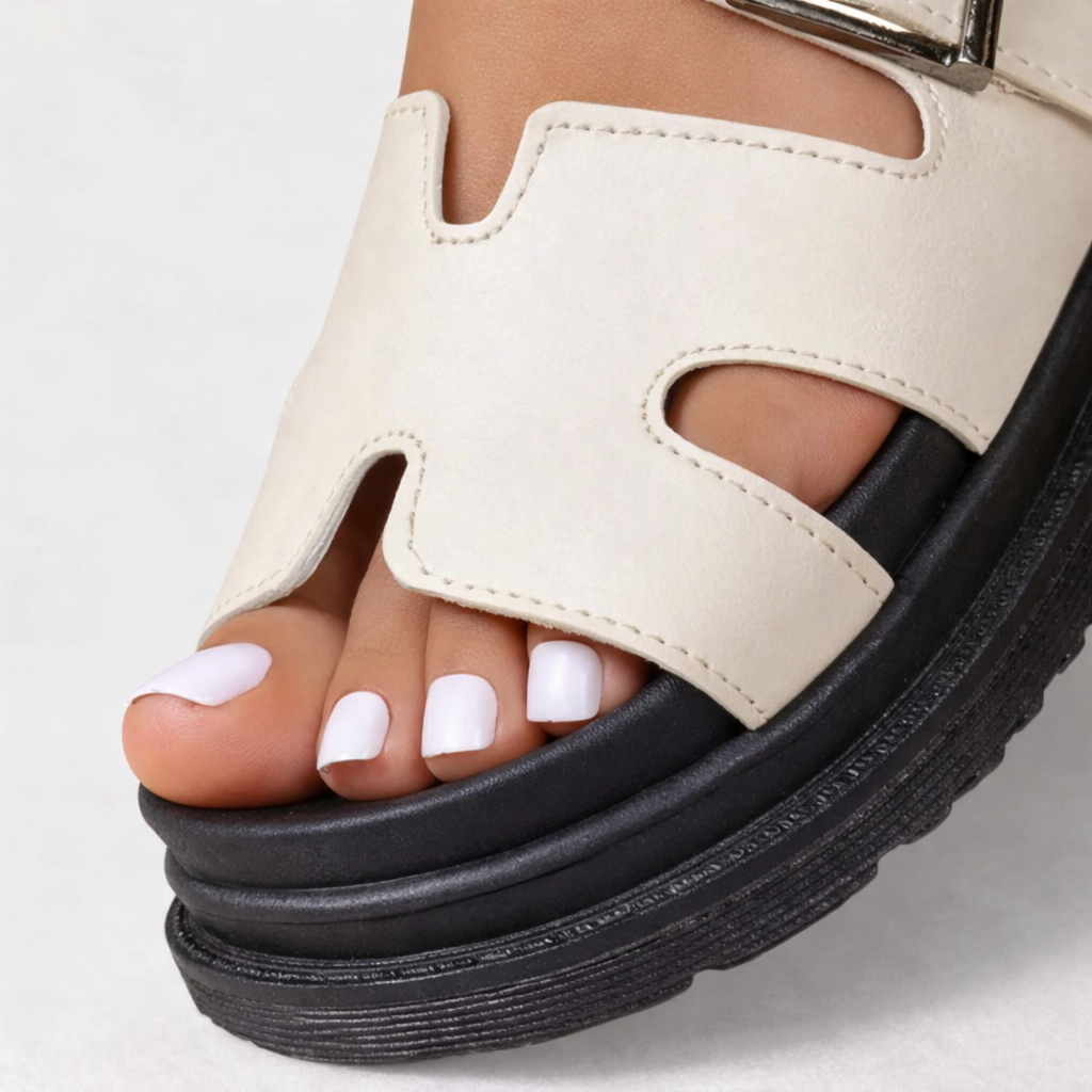 Cushioned platform walking sandals, close-up of H-strap and buckle