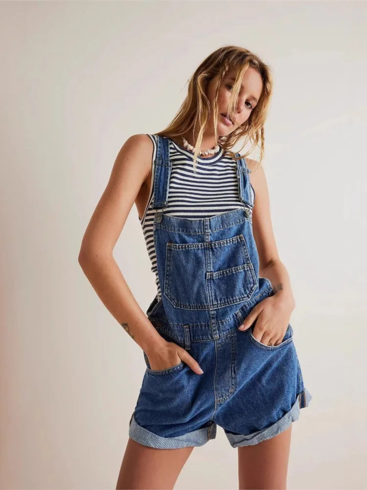 Vintage denim overall shorts, detail view 1