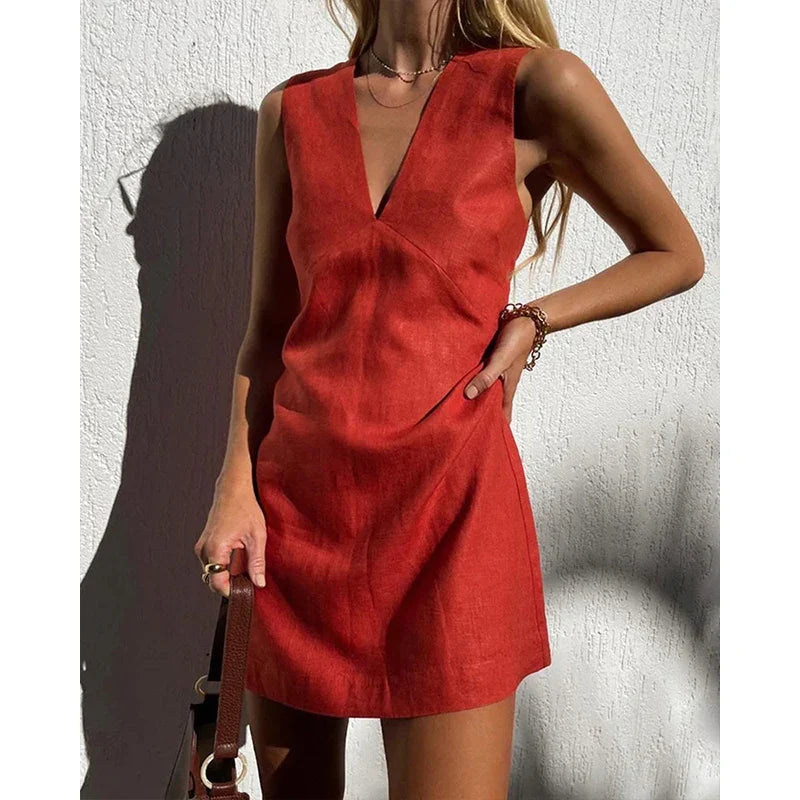 Cotton linen V-neck mini dress, detail view 9
