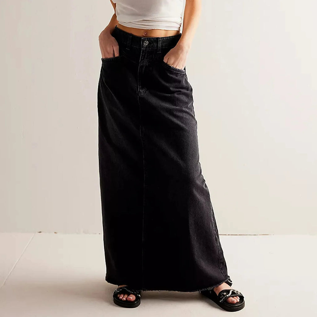 Vintage A-line denim maxi skirt, detail view 8
