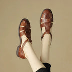 Handwoven leather T-strap sandal, detail view 1