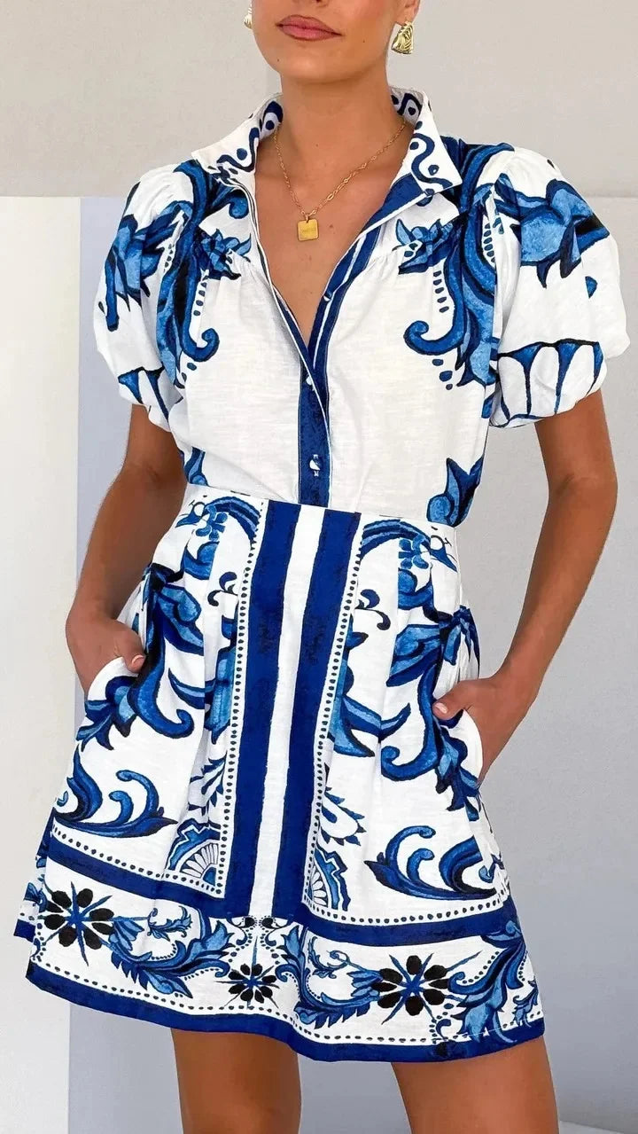 Floral linen blend puff sleeve two-piece set, detail view 33