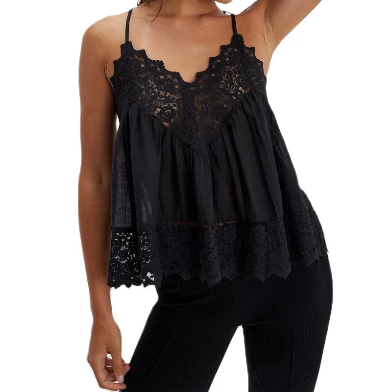 Sheer lace-trim cotton cami, detail view 17
