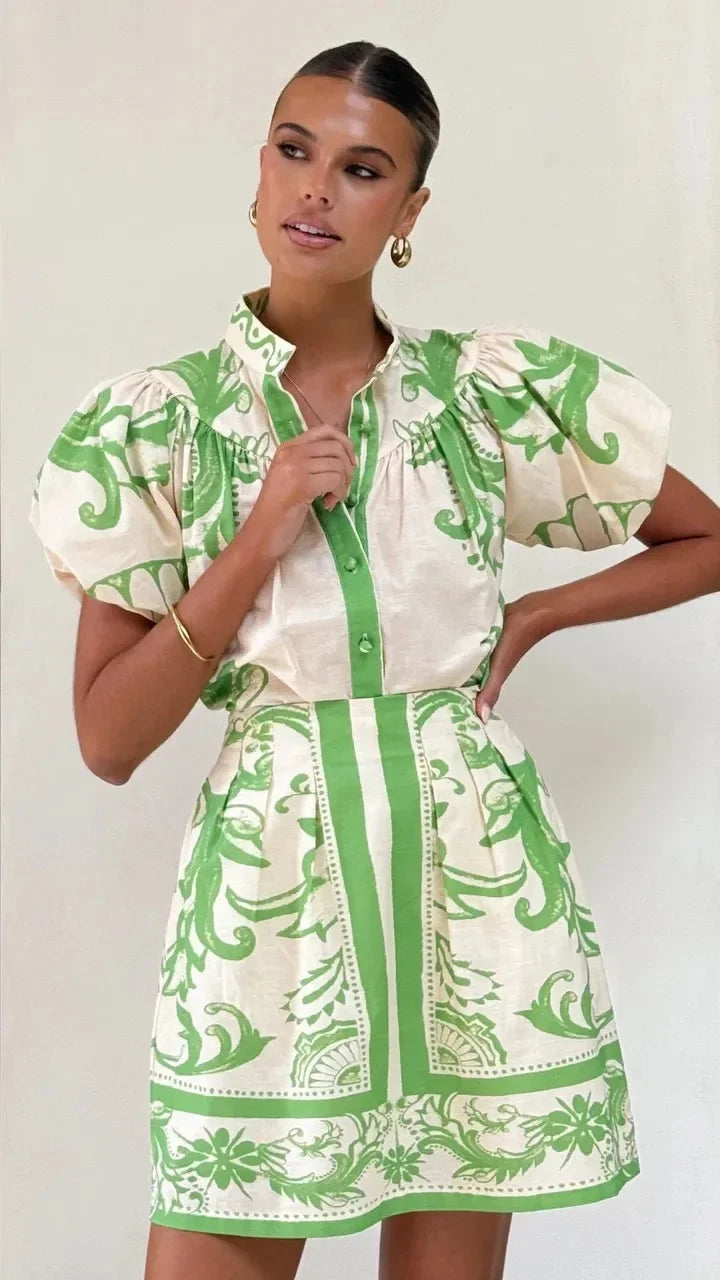 Floral linen blend puff sleeve two-piece set, detail view 32