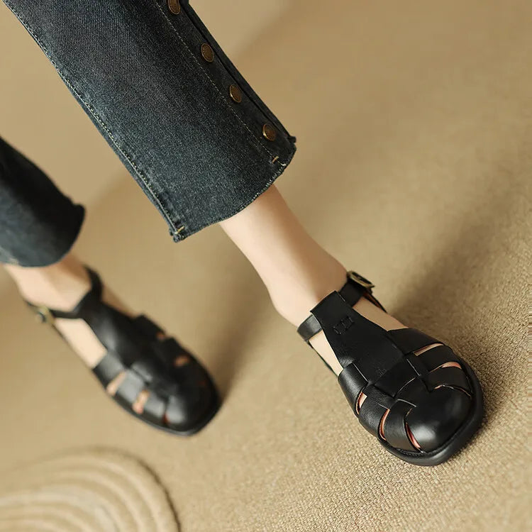 Handwoven leather T-strap sandal, detail view 9