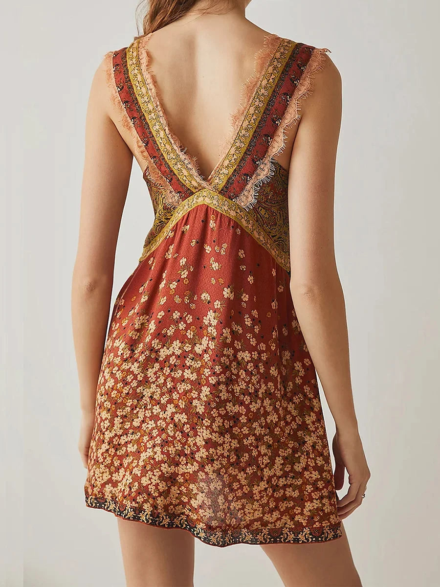 Lace-trim floral V-neck mini dress, detail view 8
