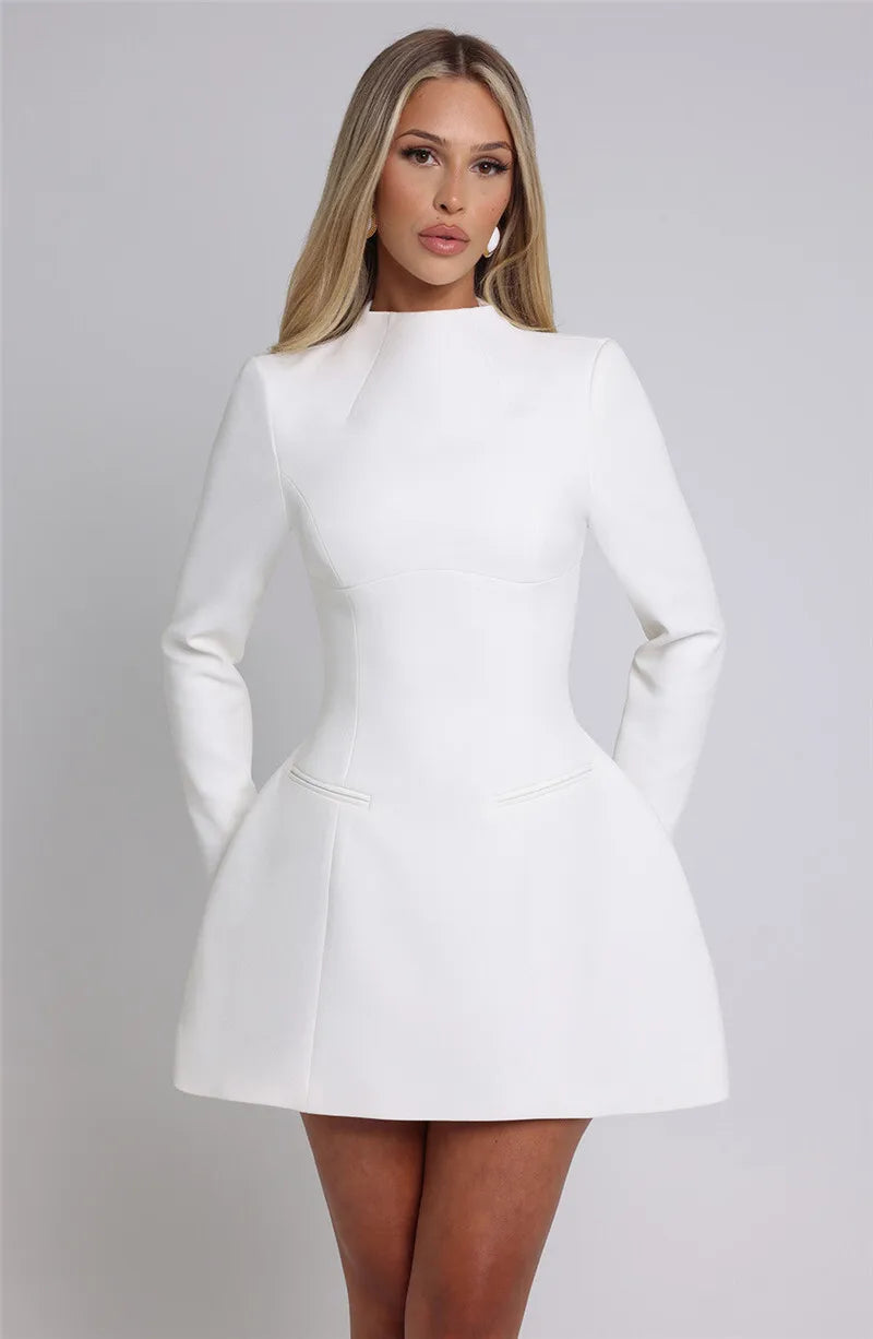 High neck long sleeve A-line mini dress, detail view 5