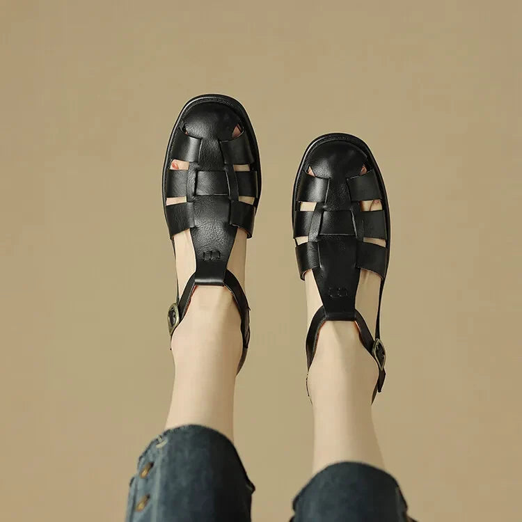 Handwoven leather T-strap sandal, detail view 2