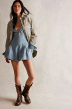 Plunge neck denim romper, detail view 5