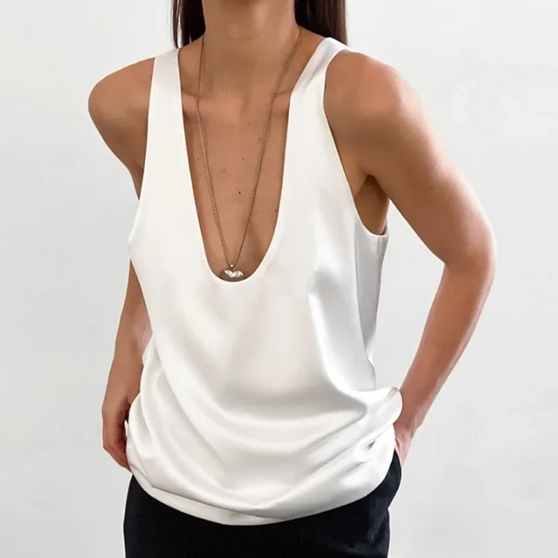Draped U-neck satin tank top, detail view 12