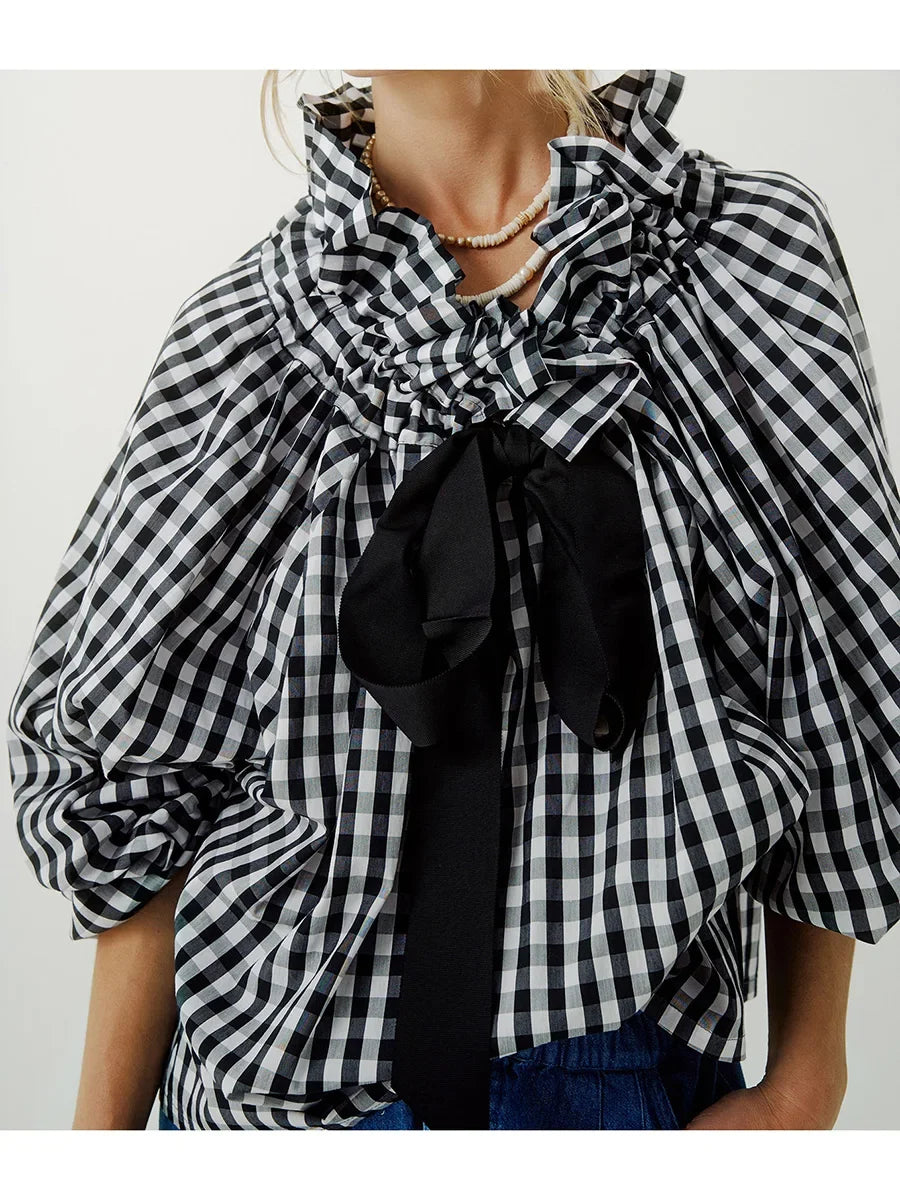 Ruffle collar bow tie blouse, detail view 6