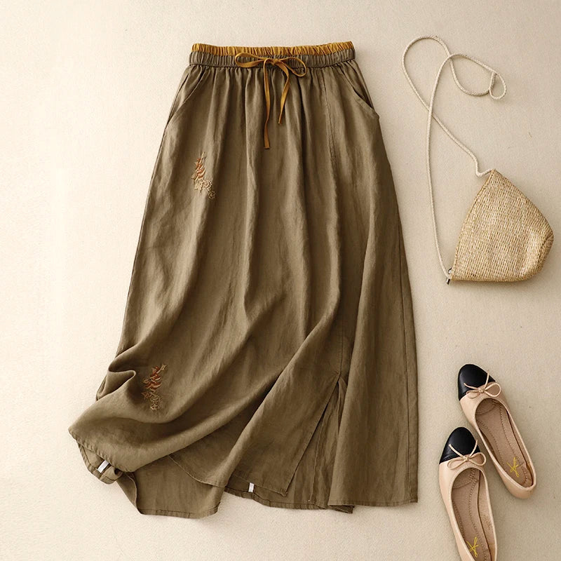 Embroidered linen A-line skirt, detail view 17