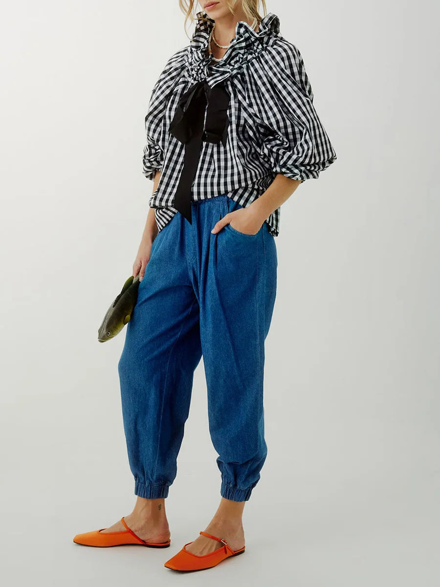 Ruffle collar bow tie blouse, detail view 7