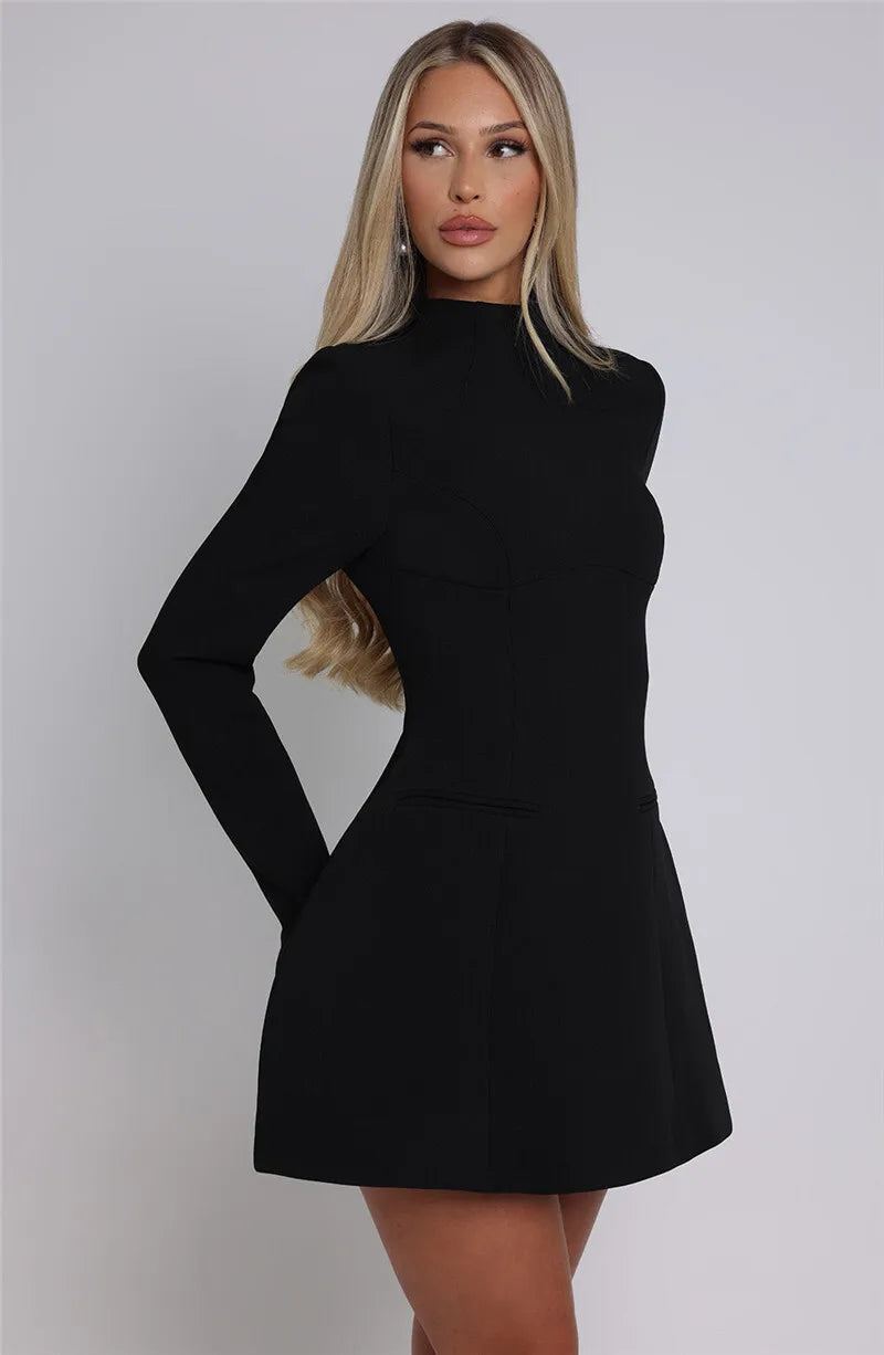 High neck long sleeve A-line mini dress, detail view 15