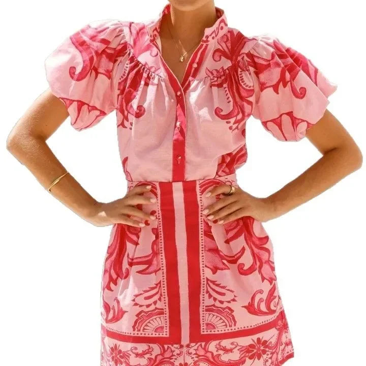 Floral linen blend puff sleeve two-piece set, detail view 12