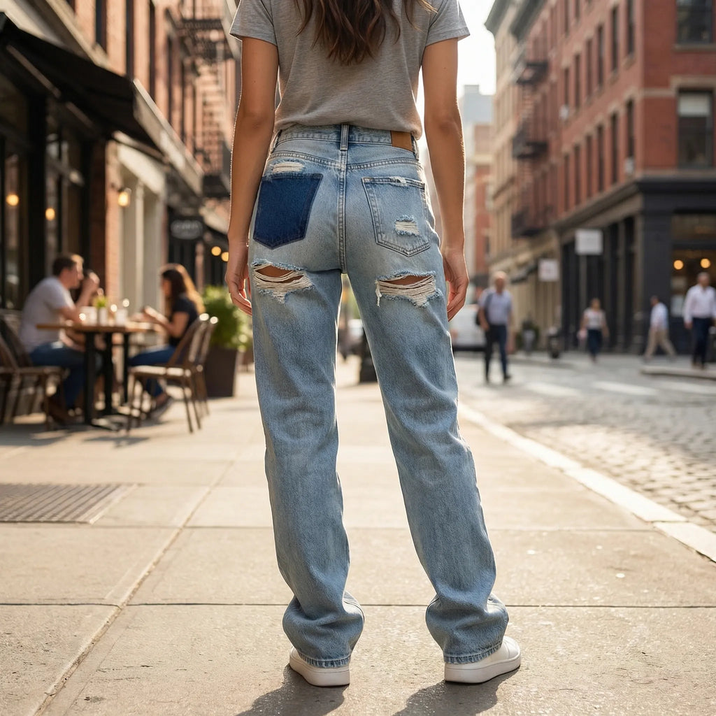 Nærbillede af rivemærker og slidt denimstruktur på jeans til damer