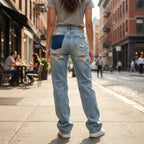 Nærbillede af rivemærker og slidt denimstruktur på jeans til damer