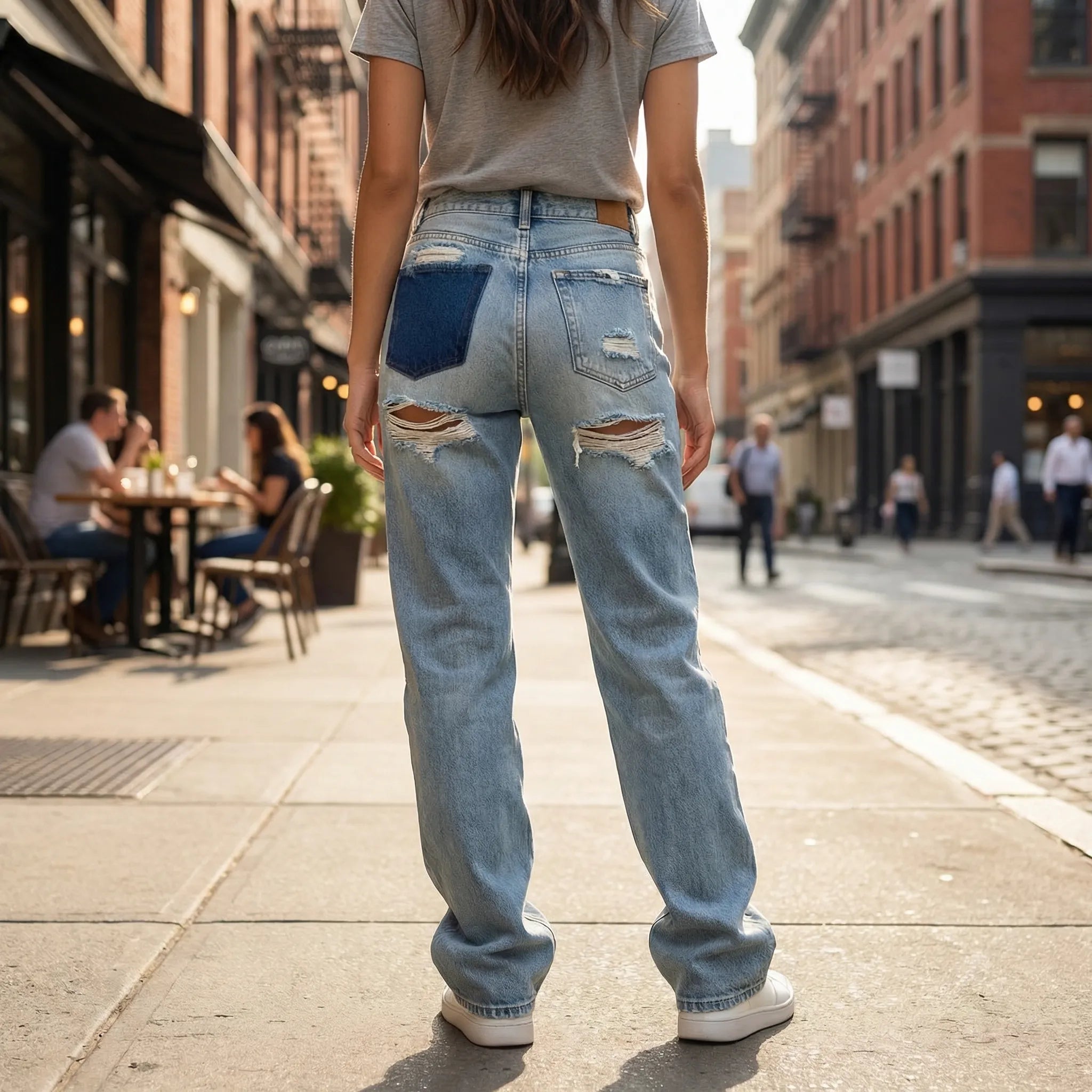 Nærbillede af rivemærker og slidt denimstruktur på jeans til damer