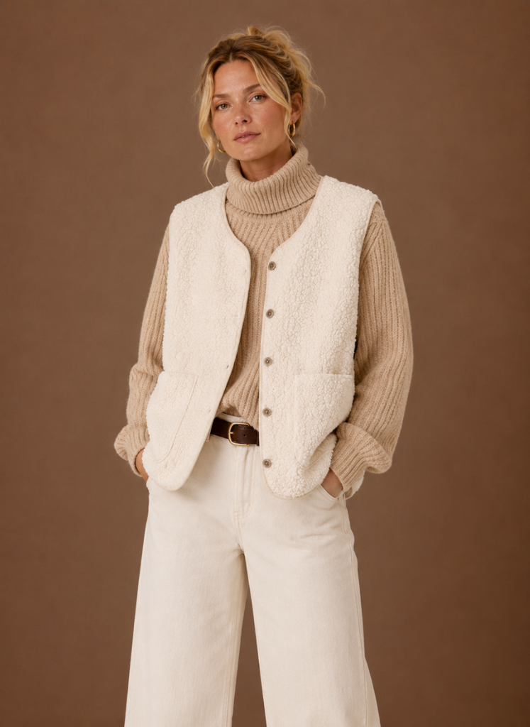 Hvid teddy fleece vest set fra siden