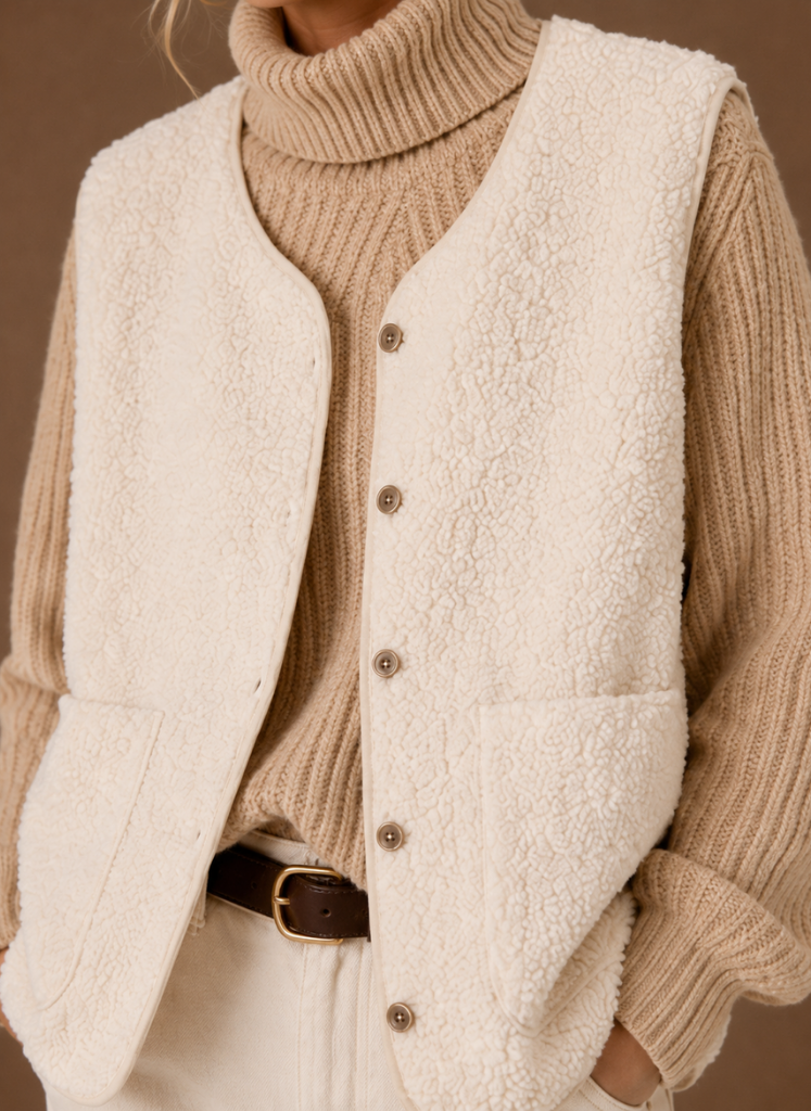 Teddy fleece vest med fokus på brystlommerne