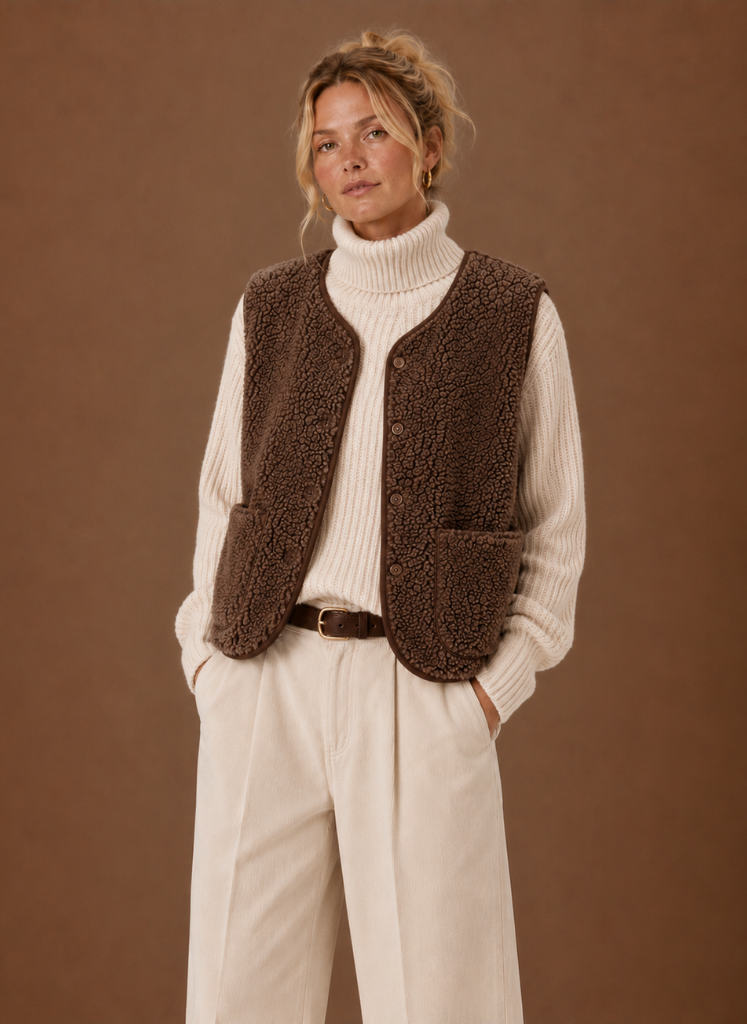 Brun teddy fleece vest set forfra