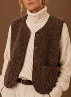Nærbillede af teddy fleece-materialet og trykknapper