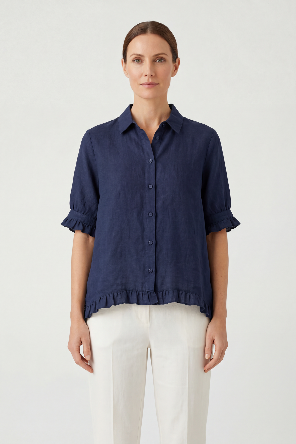 Relaxed blouse with ruffle hem in Navy