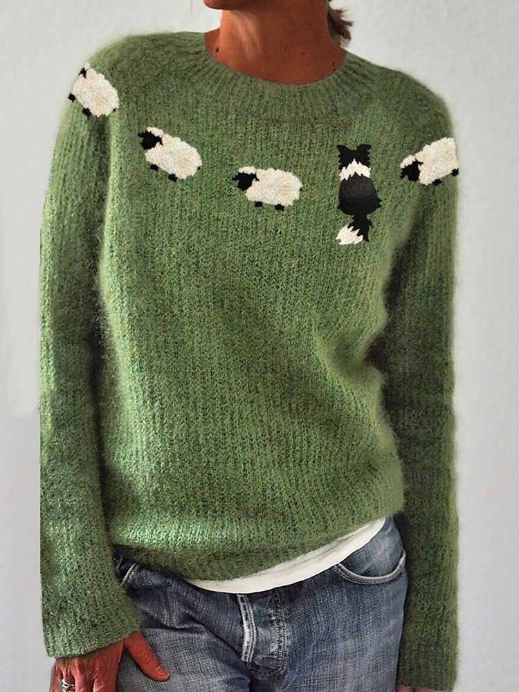 Hyggelig Fluffy Strikket Sweater med Rund Hals