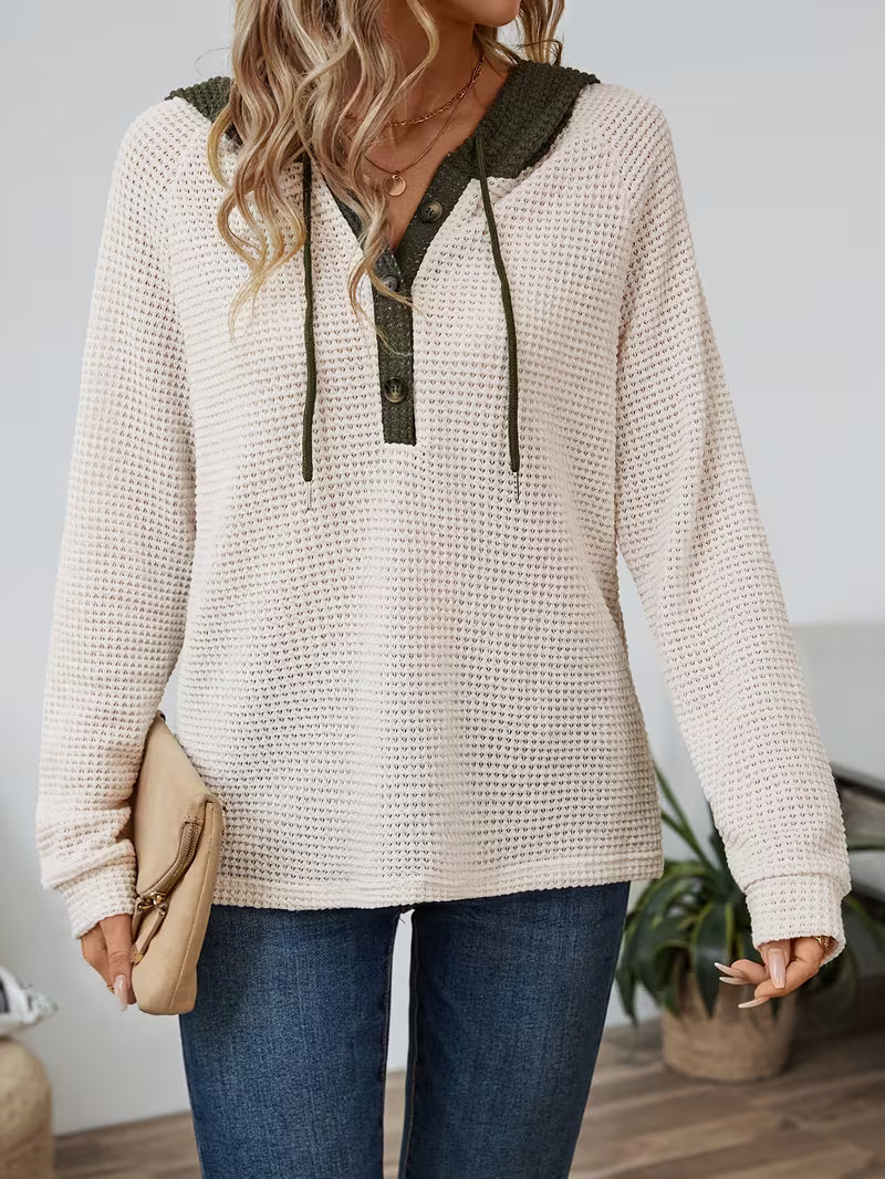 Vaffelstrikket hoodie til damer i Beige set forfra
