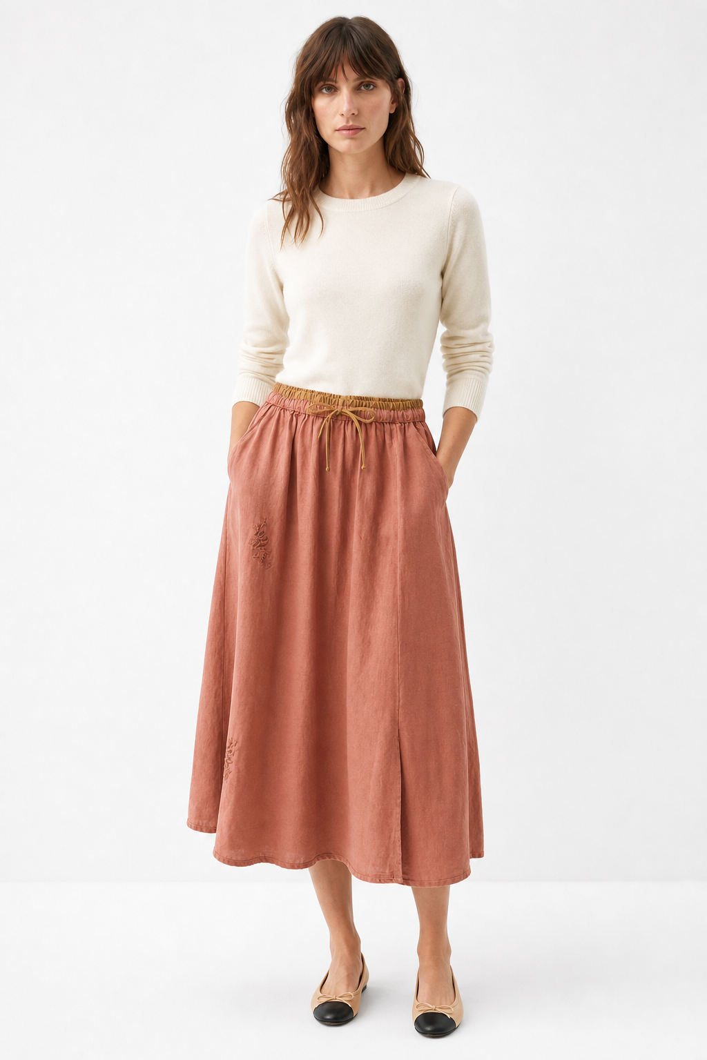 Embroidered linen A-line skirt, detail view 7