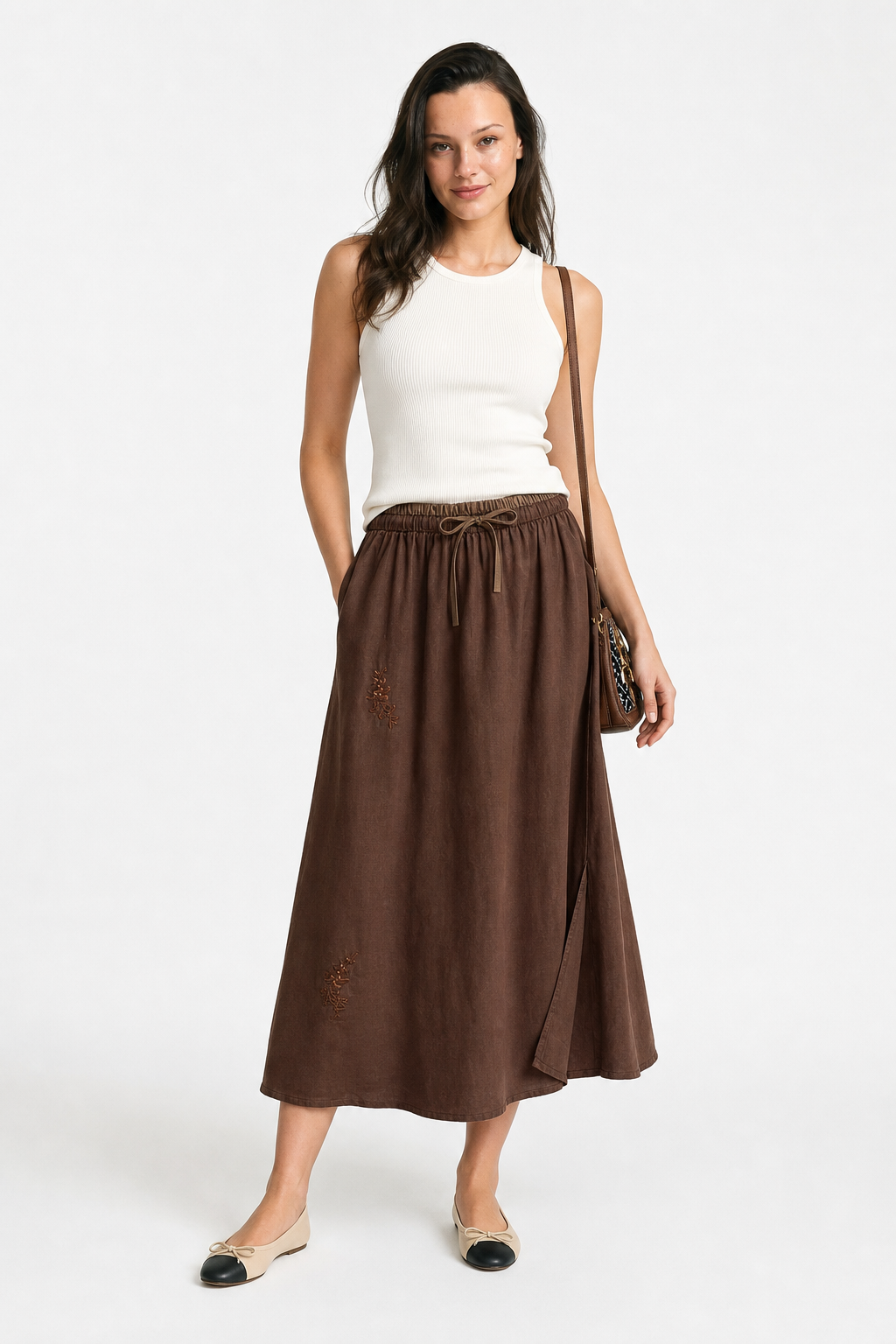 Embroidered linen A-line skirt, detail view 8