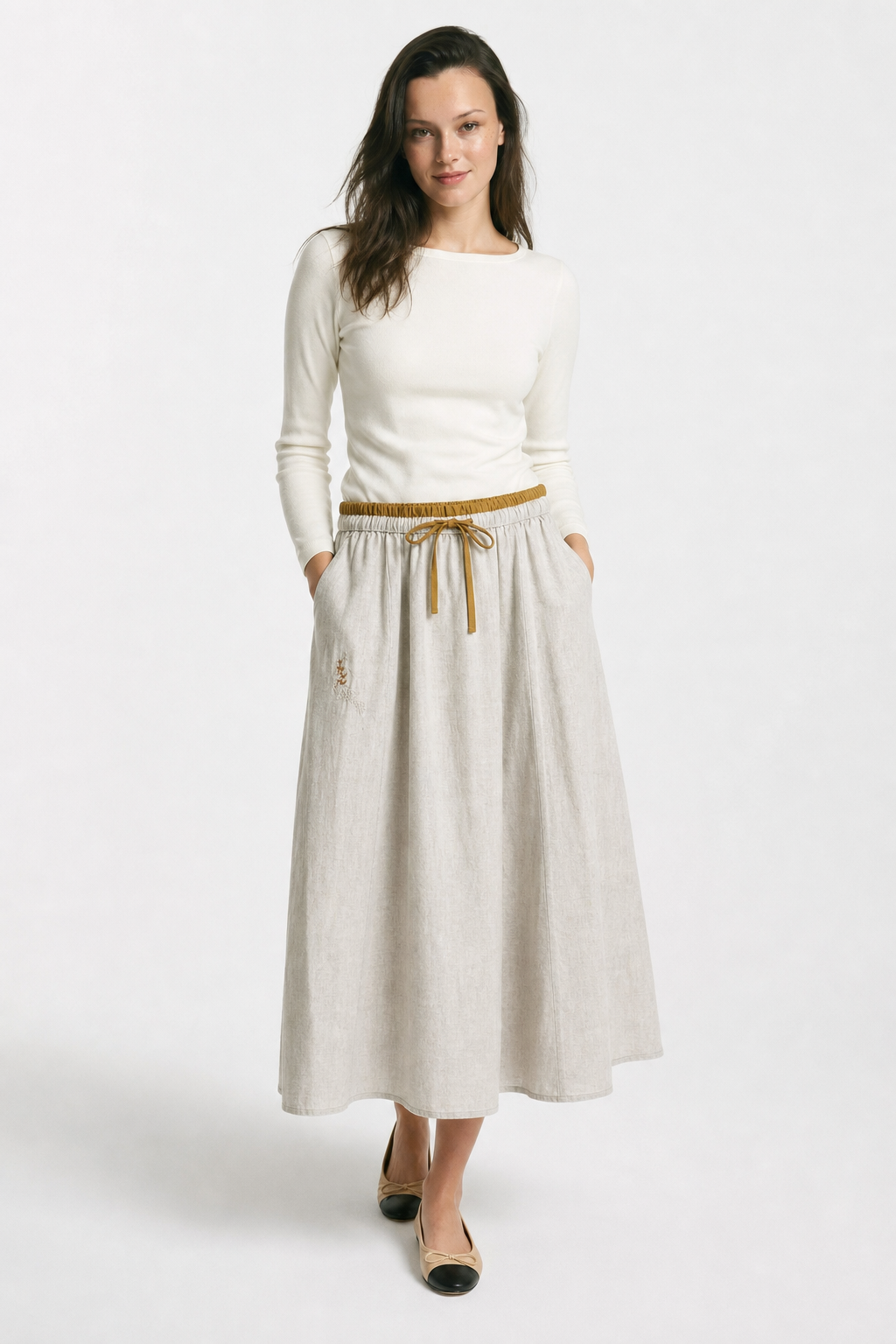 Embroidered linen A-line skirt, detail view 9