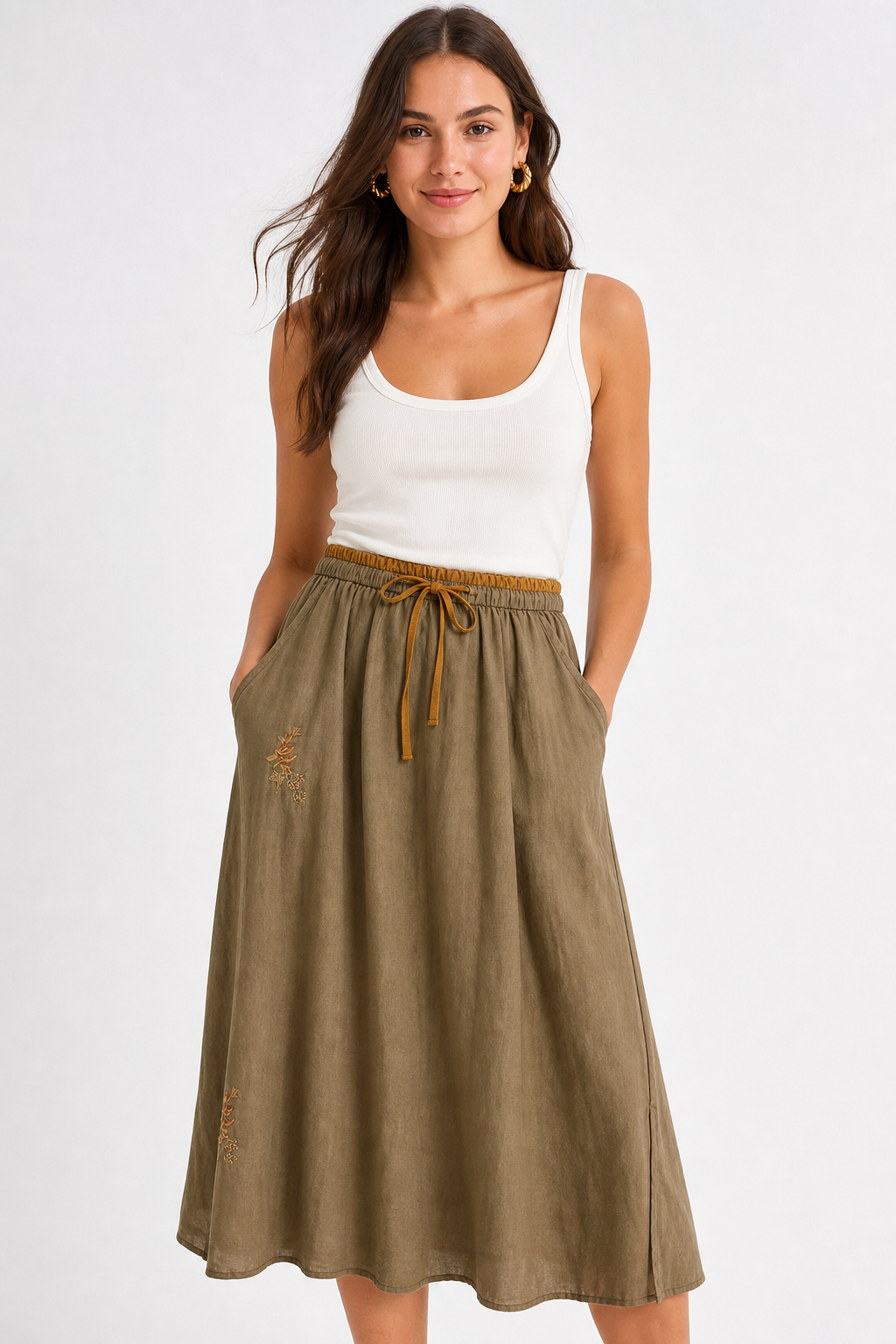Embroidered linen A-line skirt, detail view 10