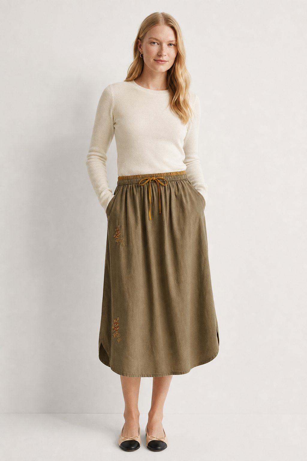 Embroidered linen A-line skirt, detail view 11