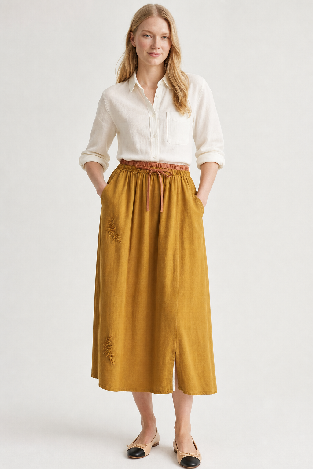 Embroidered linen A-line skirt, detail view 13