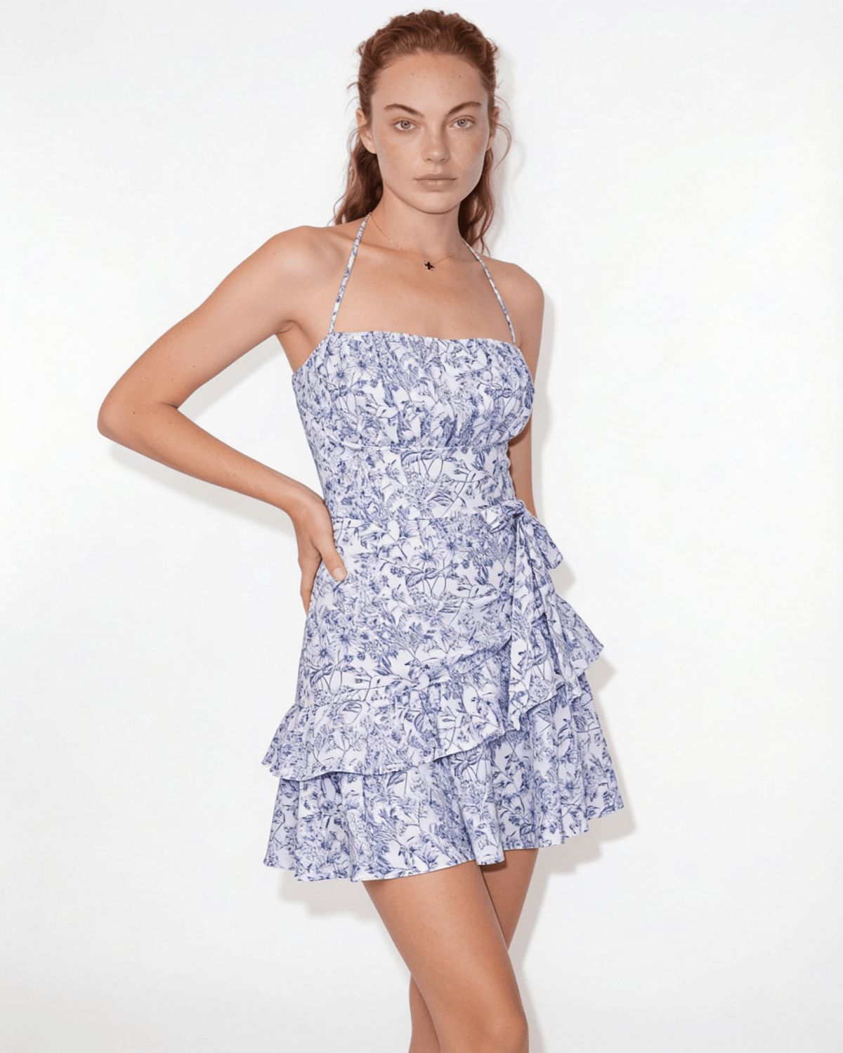 Baroque print halter ruffle mini dress in Blue