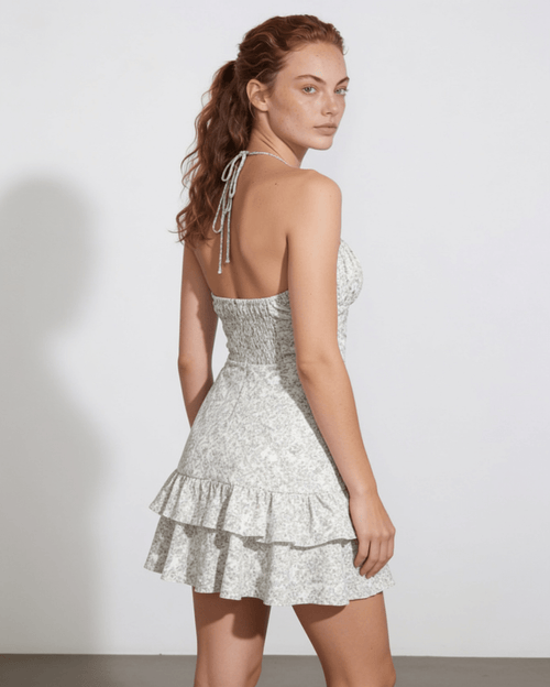 Baroque print halter ruffle mini dress, detail view 1