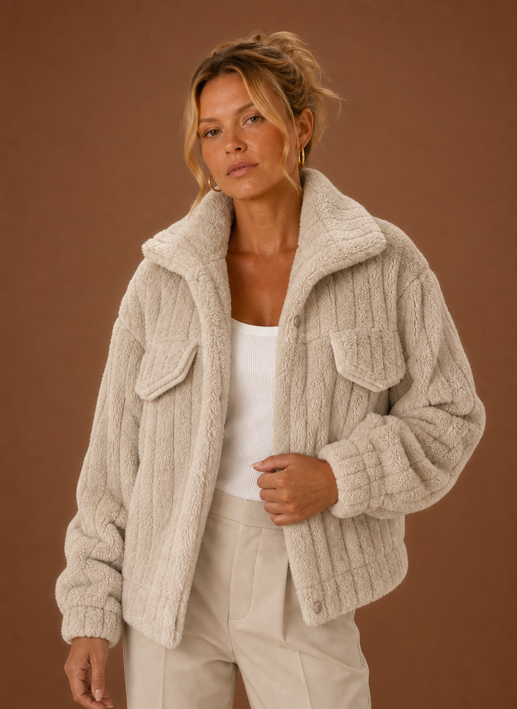 Oversized teddyjakke i kaki set forfra