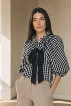 Ruffle collar bow tie blouse in Check