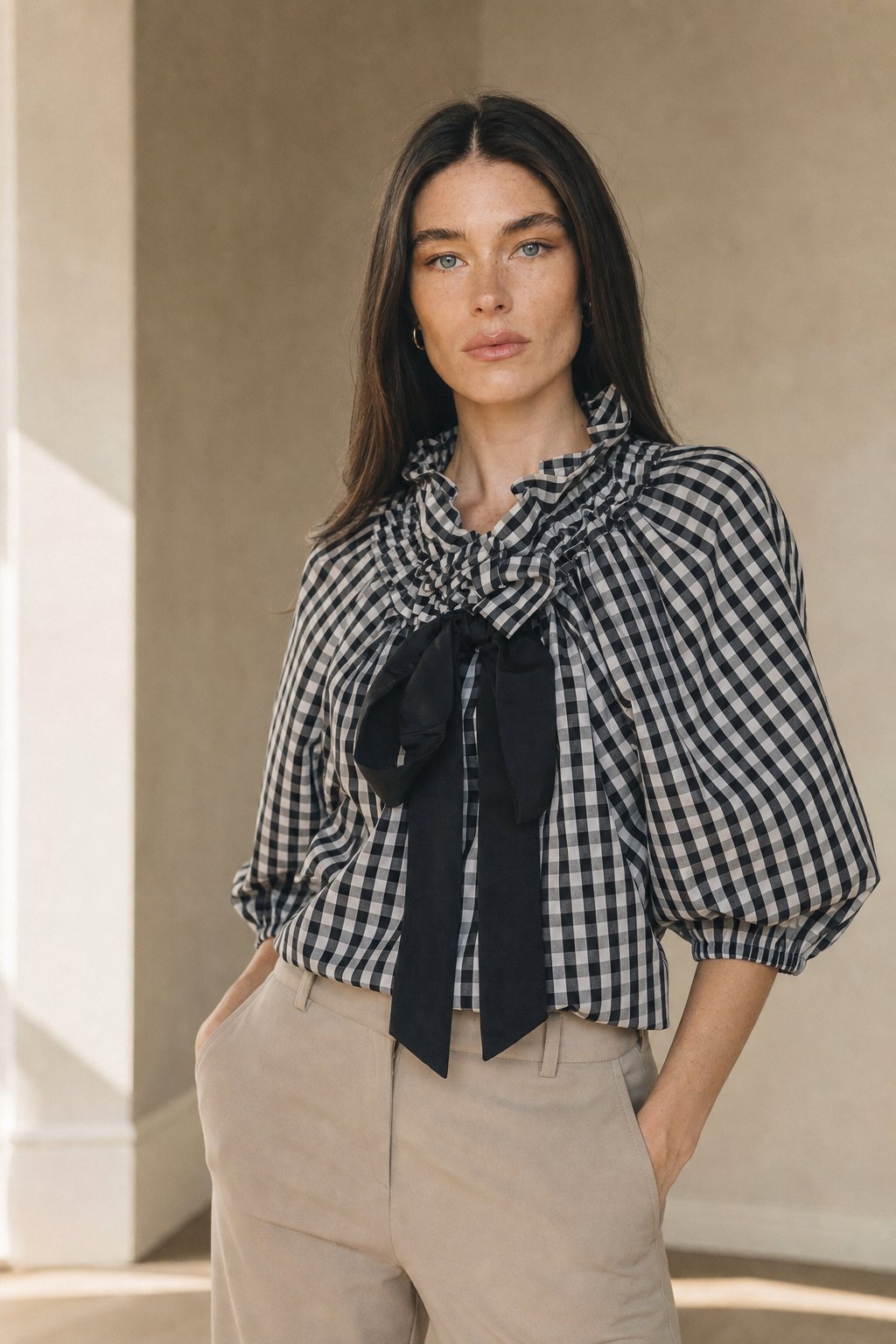 Ruffle collar bow tie blouse in Check
