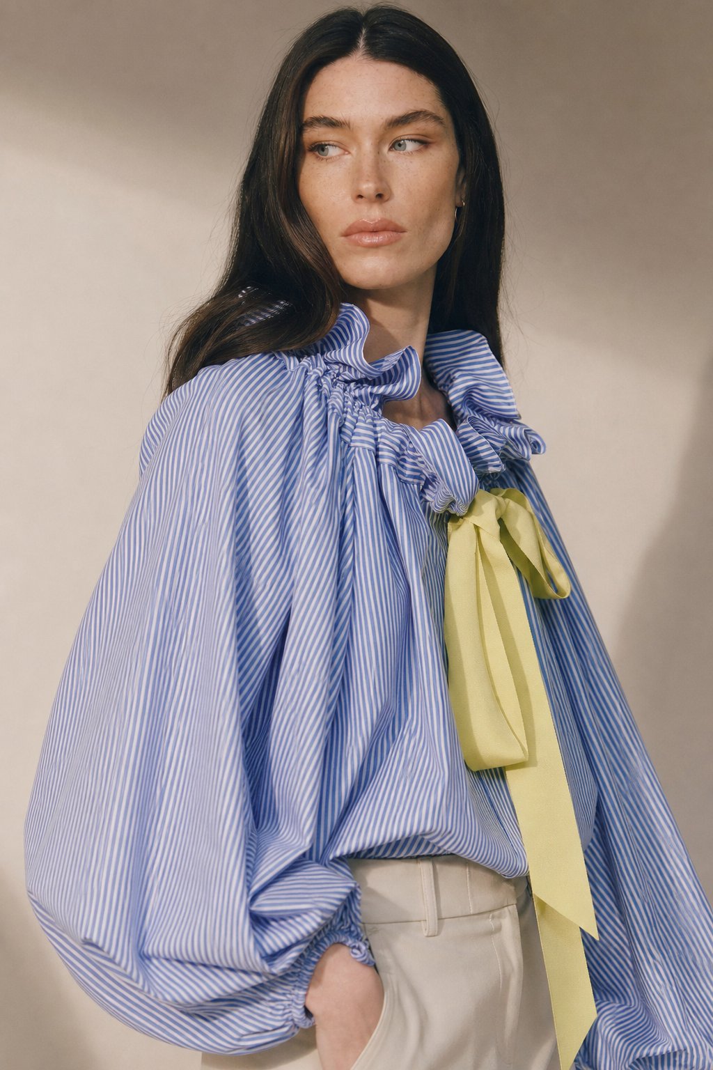 Ruffle collar bow tie blouse in Sky Blue