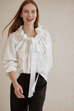 Ruffle collar bow tie blouse, detail view 3