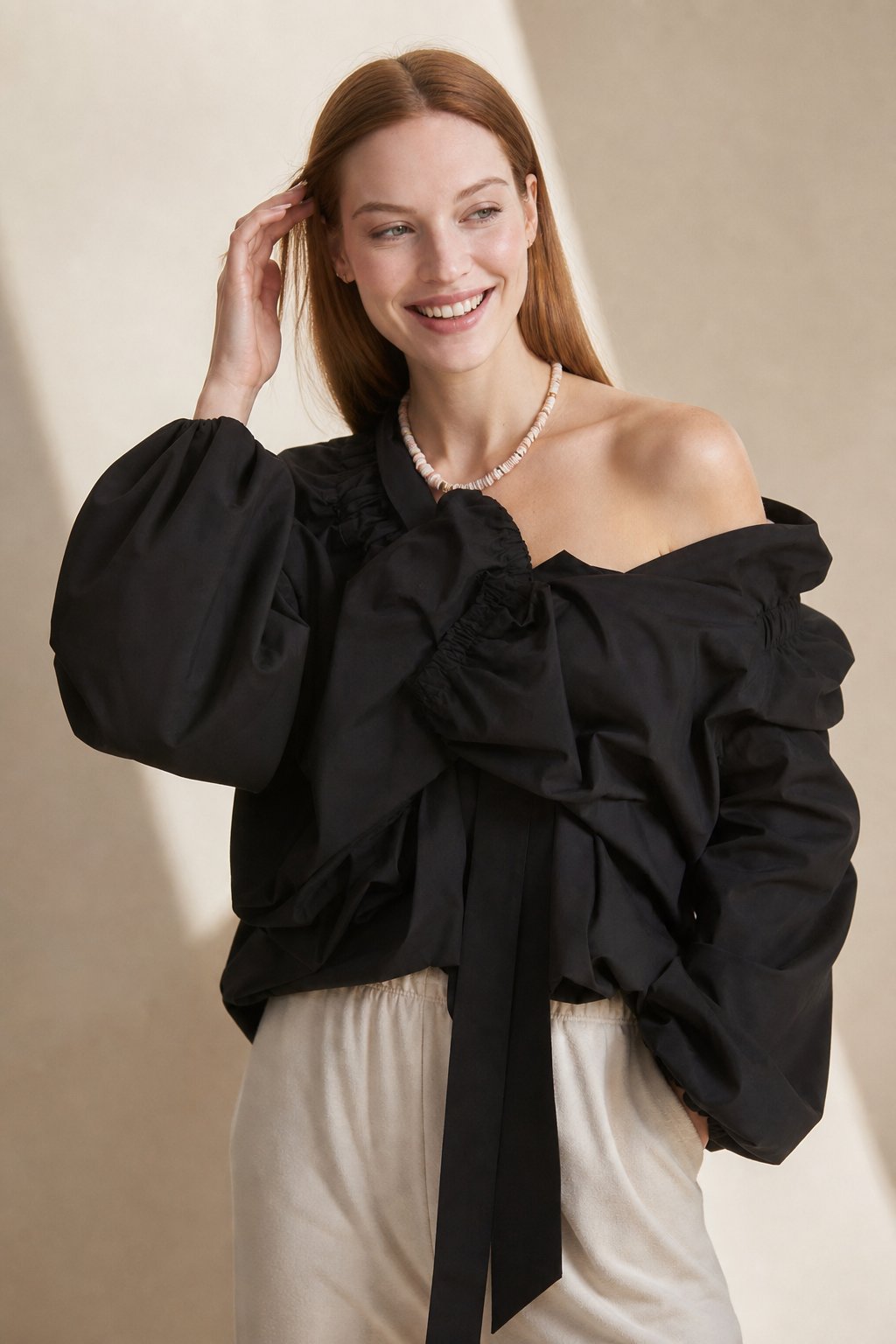 Ruffle collar bow tie blouse, detail view 4