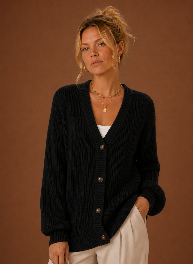 V-hals cardigan i sort set forfra