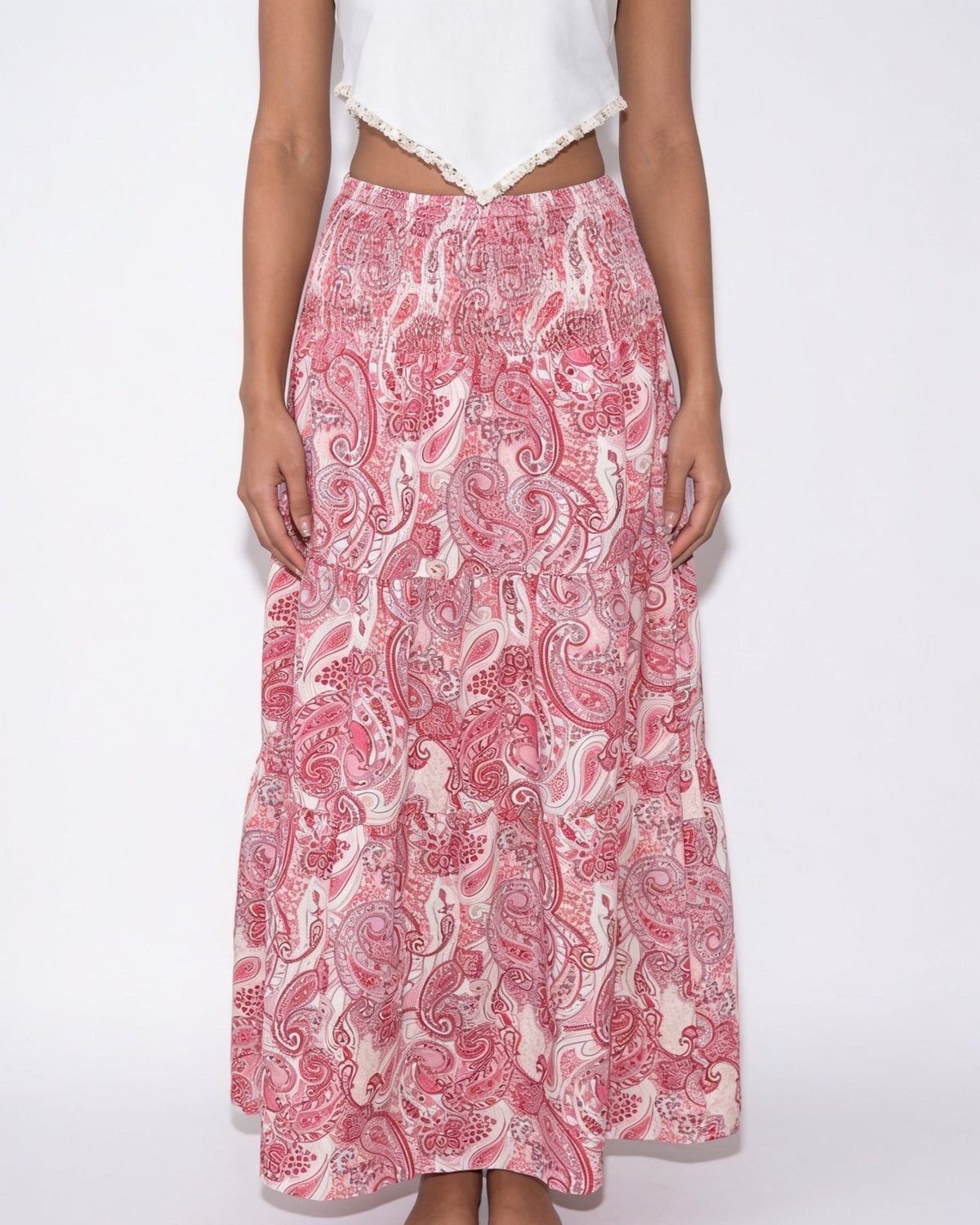 Boho paisley tiered maxi skirt in Pink